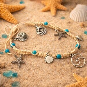 Beach Charm Ankle Bracelet with Turquoise Accents